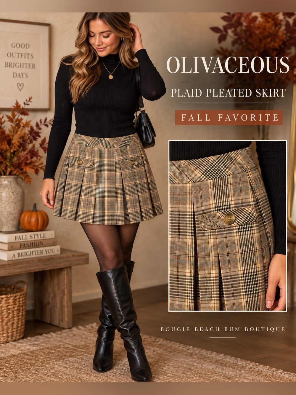 Olivaceous Tan, black and Brown Plaid Pleated Mini Skirt